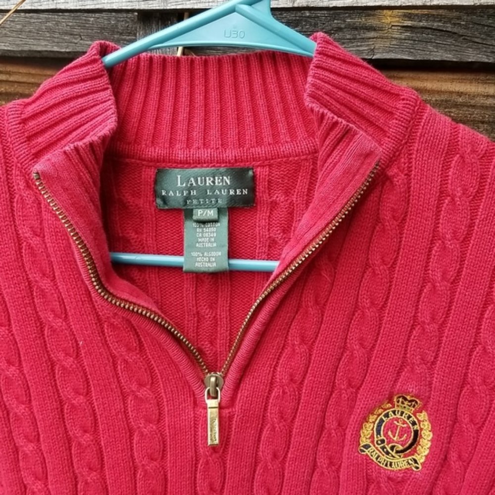 Vintage Ralph LAUREN Red Cable Knit 1/4 zip sweater - Gold Crest Emblem Anchor M